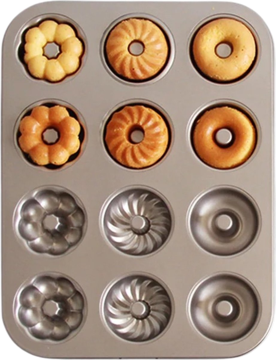 Donut bakvorm springvorm - Donuts bloemenvorm - koolstofstaal - teflon anti aanbaklaag - 3 vormen 12 stuks