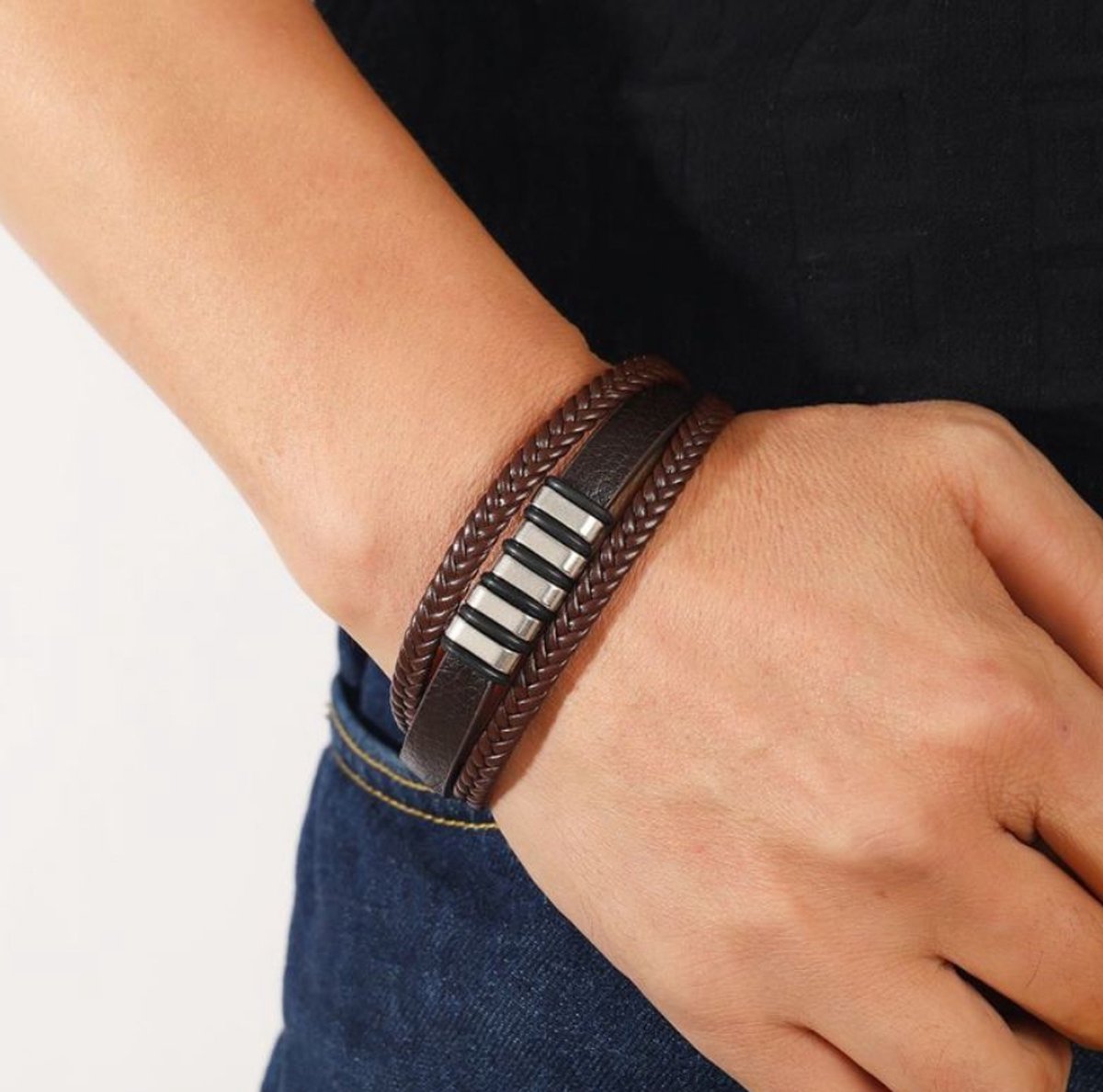 Style King - Bruine leren armband met RVS schuif magneten sluiting - Armband - Leren Armband