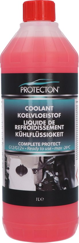 Bouteille à bouchon rouge et liquide rose. Étiquette noire avec "PROTECTON", "COOLANT LIQUIDE DE REFROIDISSEMENT KÜHLFLÜSSIGKEIT" et image technique.