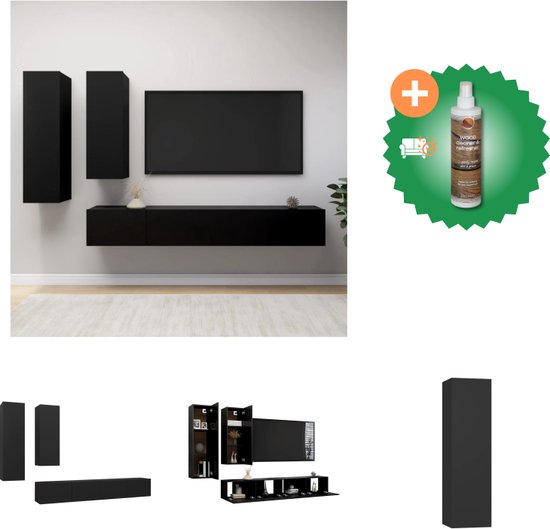 vidaXL 4-delige Tv-meubelset spaanplaat zwart - Kast - Inclusief Houtreiniger en verfrisser