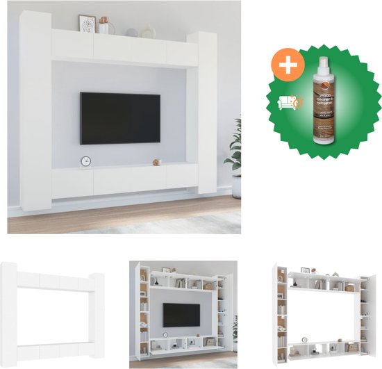 vidaXL 8-delige Tv-meubelset bewerkt hout wit - Kast - Inclusief Houtreiniger en verfrisser