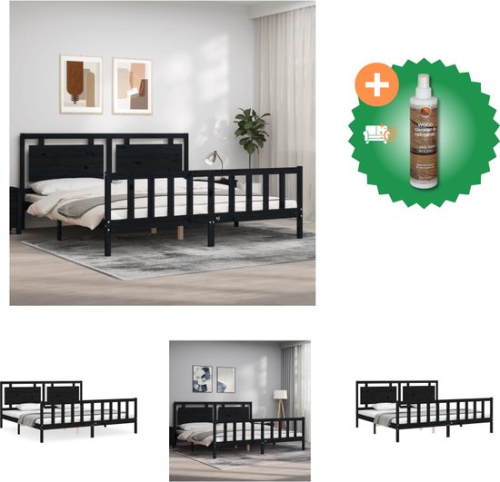 vidaXL Bedframe met hoofdbord massief hout zwart 200x200 cm - Bed - Inclusief Houtreiniger en verfrisser