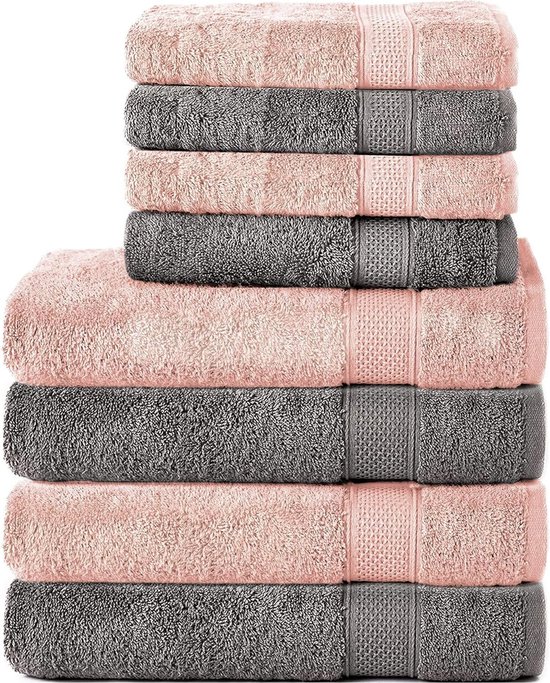 8-delige handdoekenset van 100% katoen, 4 badhanddoeken 70 x 140 cm en 4 handdoeken 50 x 100 cm, badstof, zacht, handdoek, groot, antracietgrijs/bloemenroze