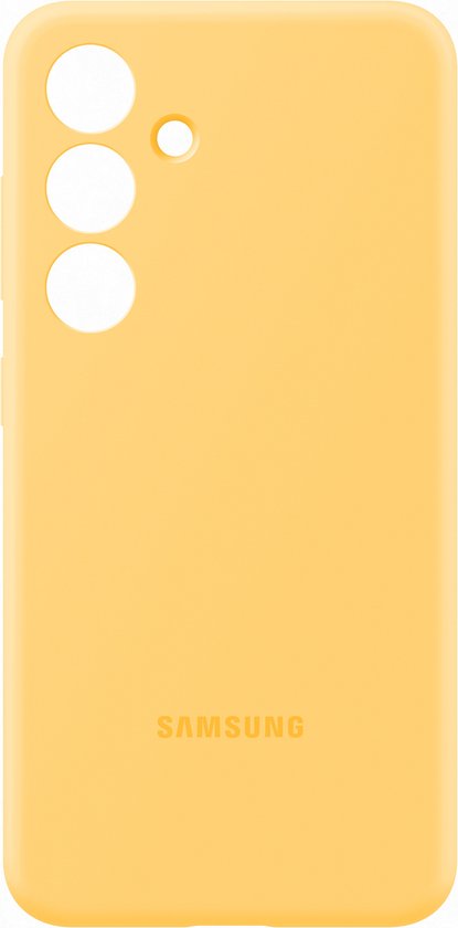 Gele Samsung siliconen hoes voor Galaxy S24+ op een witte achtergrond.