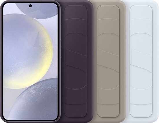 Smartphone naast drie telefoonhoesjes in het donkerpaars, beige en lichtblauw, elk met een gripband.