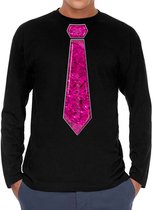 Bellatio Decorations Verkleed shirt heren - stropdas pailletten roze - zwart - carnaval - longsleeve L