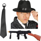 Gangster/maffia/roaring Twenties verkleed set - gleufhoed met krijtstreep zwart - stropdas en machinegeweer