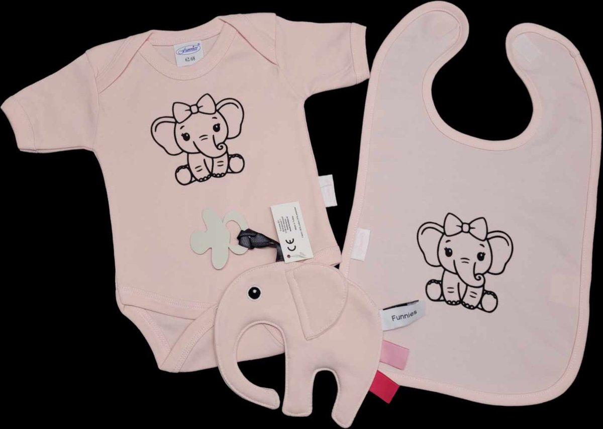 Goedkoopste Kraamcadeau -roze - olifant - slab - speendoek - romper - maat 50/56.