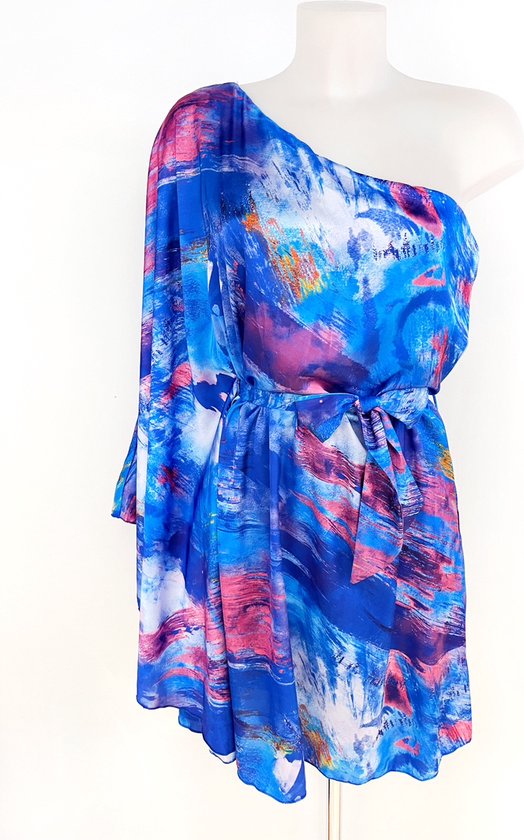 One shoulder jurk - Blauw - Open schouder jurkje - Met taille ceintuur - Stretch - Vlinder mouwen - Een mouw - Korte jurk - Fuchsia/roze - One-size - Een maat