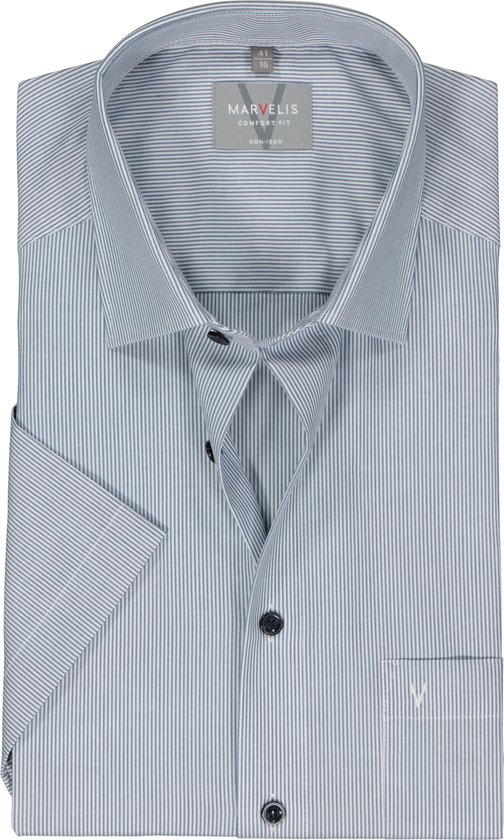 MARVELIS comfort fit overhemd - korte mouw - popeline - donkerblauw gestreept - Strijkvrij - Boordmaat: 40