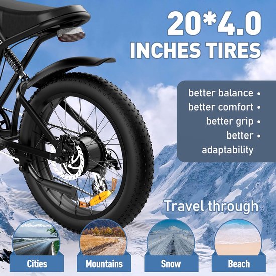 Hitway Elektrische Fiets BK29 - 20*4.0 Inch Fatbike - Mountain Snow EBike met Afneembare 48V 15Ah Lithium Batterij - City Commuter E-Bike met 250W Motor - 7 Versnellingen - IP54 Waterdicht - Hitway