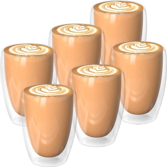 MULEVIP Latte Macchiato Glasses, Double Walled (6 x 350 ml), Thermal Glasses for Cappuccino, Latte, Ice Cream, Milk, Juice - With Spoon
