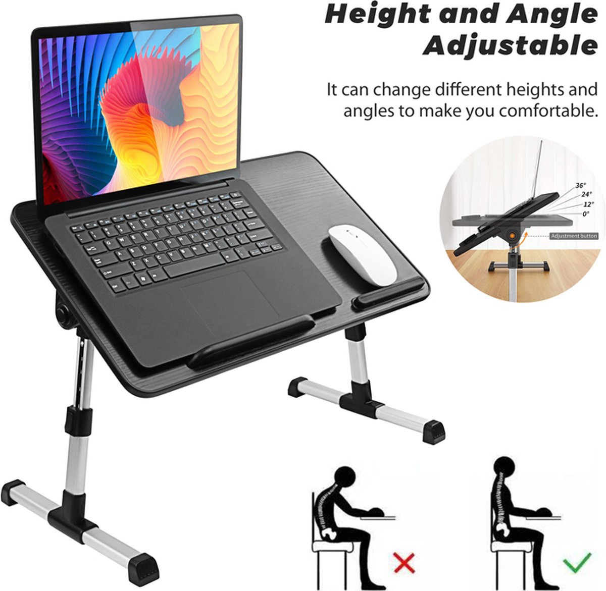 NOVARTA Laptoptafel voor op bed - Laptopstandaard - kantelbaar, verstelbare Bedtafel zwart
