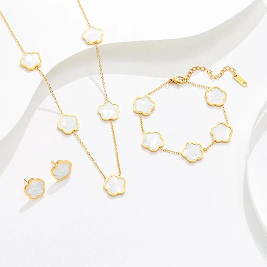 Set collier, bracelet et boucles d'oreilles trèfle Soraro | Plaqué Or 18 carats | Blanc | Bracelet | trèfle à 5 feuilles | La chance | Chaîne | Boucle d'oreille | Cadeau de dames | Fête des mères | Cadeau de fête des mères