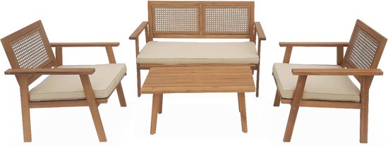 sweeek - Houten en rieten tuinmeubelen bank 2 zitplaatsen, 2 fauteuils, 1 salontafel - bohemen 117x64x74 cm