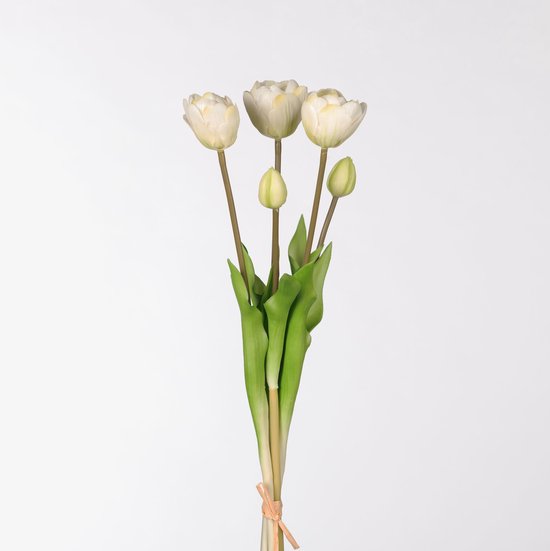 Real Touch Tulip Dubble Bundle x5 L44cm white - Real Touch Tulpen - white- Tulpen - Kunstbloemen - Kunst Tulpen - Kunst Boeket - Tulp - 44 CM - Zijden Bloemen - Latex Bloem - Bruiloft - Voorjaar - Lente