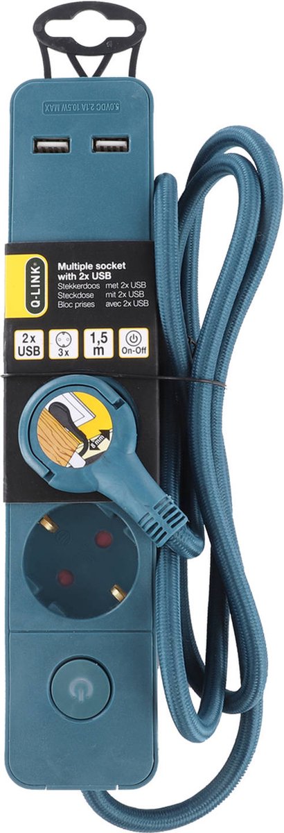 Q-link stekkerdoos 3-voudig & 2x USB - Blauw