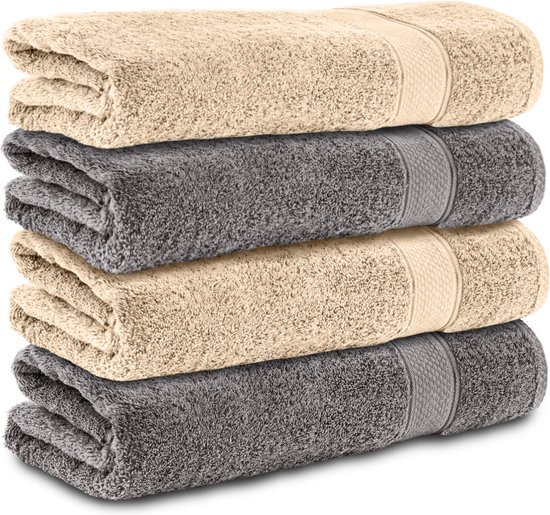 Komfortec handdoeken – Set van 4 - Badhanddoek 70x140 cm - 100% Katoen – Antracietgrijs&Beige