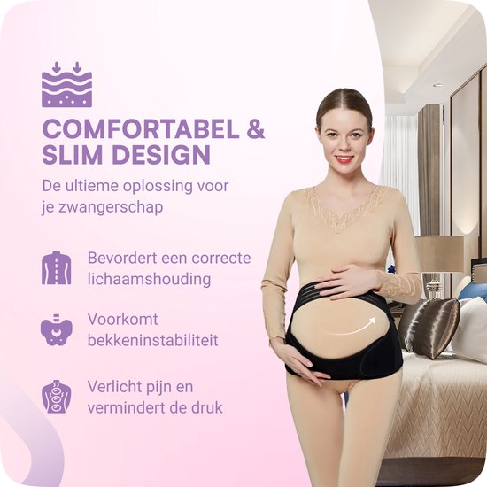 Zwanger model in nauwsluitende top en legging, met zwarte zwangerschapsband. "Comfortabel & Slim Design"