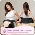 Een model demonstreert de zwangerschapsband van voren en van achteren. De band is zwart.