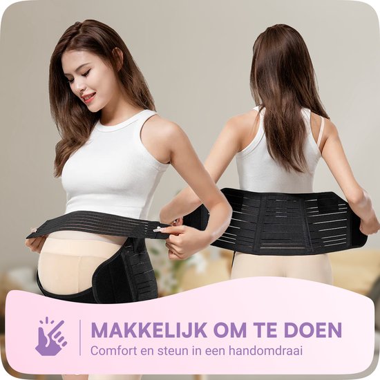 Een model demonstreert de zwangerschapsband van voren en van achteren. De band is zwart.