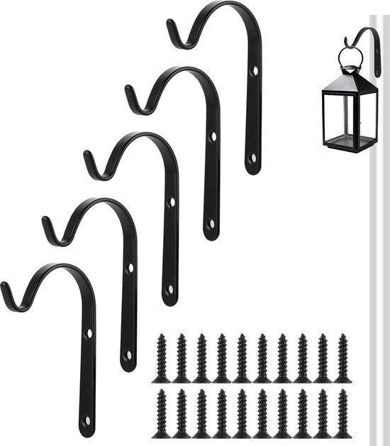 TSHAOUN 2 stuks wandhangers, plantenhouder, wandhouder, haak 25 cm, bloemenhangerhouder, hangende plantenhouder voor tuin, wandkandelaar, lantaarn, vogelhuisje, windgong (zwart