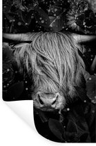 Muurstickers - Sticker Folie - Botanische Schotse hooglander met lichtbollen op verduisterde achtergrond - zwart wit - 40x60 cm - Plakfolie - Muurstickers Kinderkamer - Zelfklevend Behang - Zelfklevend behangpapier - Stickerfolie