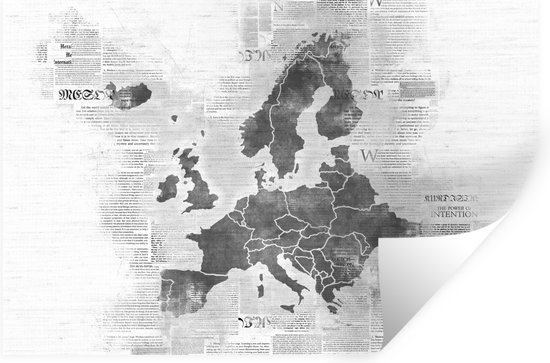 Muurstickers - Sticker Folie - Europakaart op krantenpapier - zwart wit - 60x40 cm - Plakfolie - Muurstickers Kinderkamer - Zelfklevend Behang - Zelfklevend behangpapier - Stickerfolie