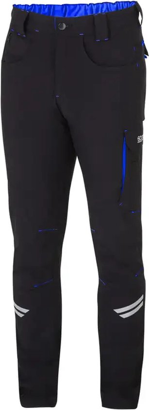 Pantalon de travail noir avec doublure et accents bleus, ceinture élastique, poches cargo et bandes réfléchissantes sur les mollets.