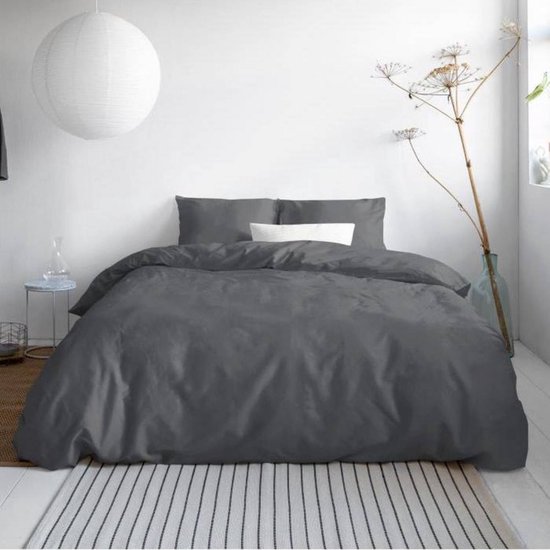 Dreamtextile Uni Satin Anthracite Housse de Couette Lit Simple 240x200/220cm + 2 Taies d'Oreiller - Satin de Katoen de Haute Qualité - Super Doux -