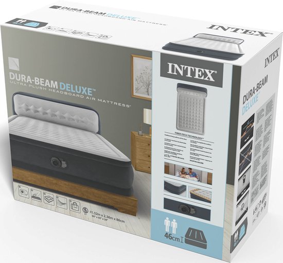 Doos van Intex Dura-Beam Deluxe luchtbed met hoofdbord, 203x152x46cm.