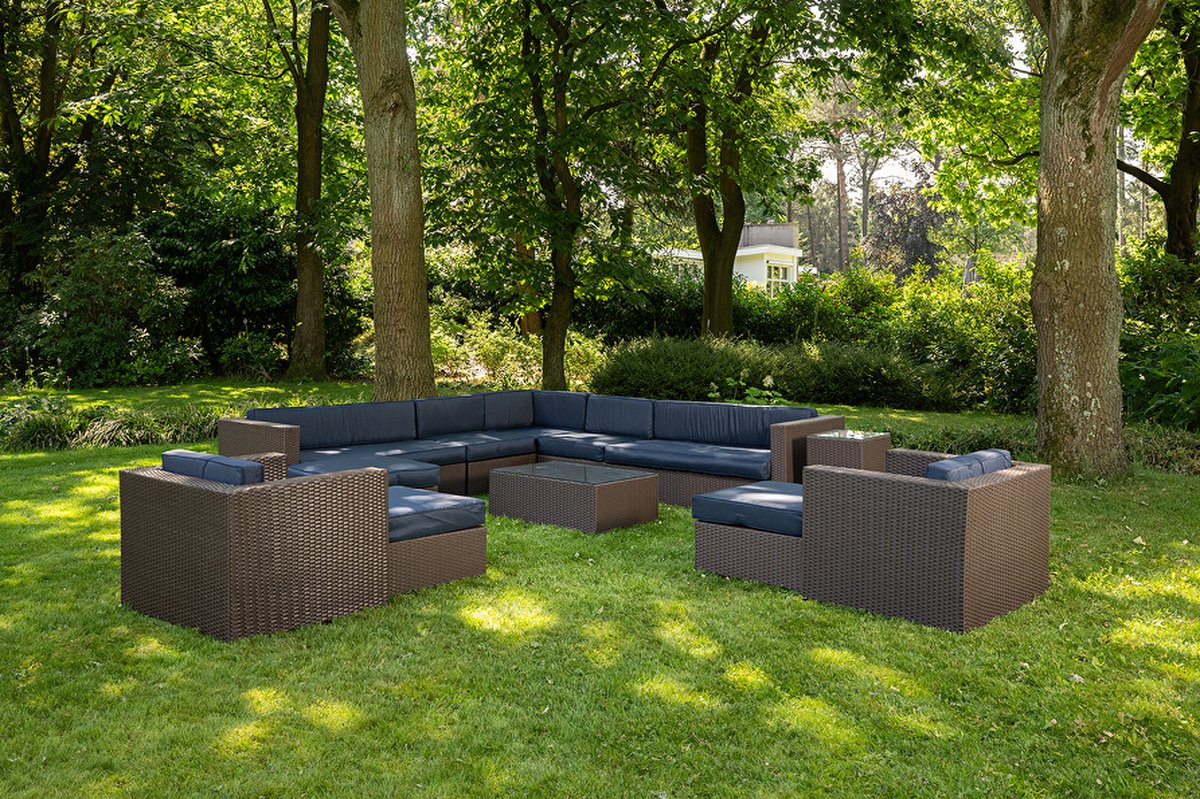 Loungeset 12-delig - Weerbestendig vlechtwerk - Bruin wicker / donkerblauwe kussens