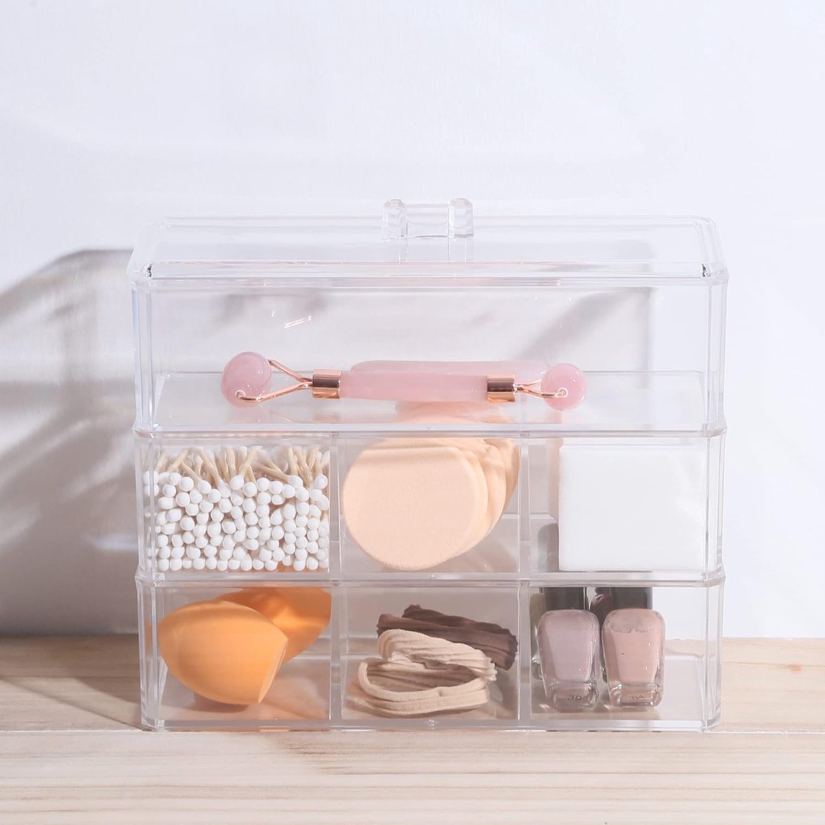 Set van 3 lade-organizer, cosmetische organizer-set met deksel, stapelbare make-up-organizer, cosmetische make-up-opslag, acryl lade-organisatiesysteem met 7 compartimenten voor badkamer, kantoor