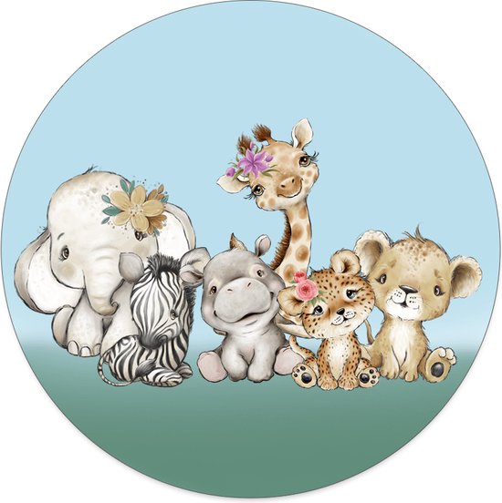 Label2X - Muurcirkel kids safari familie - 80 cm - Forex - Multicolor - Wandcirkel - Rond Schilderij - Muurdecoratie Cirkel - Wandecoratie rond - Decoratie voor woonkamer of slaapkamer