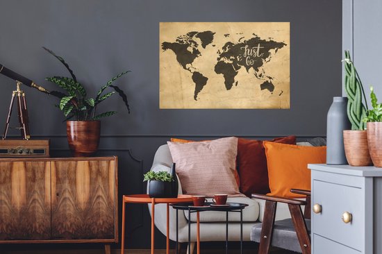 Sticker Muursticker Cartes du monde du monde Vintage avec citation Just go - 90x60 cm - film adhésif autocollant - sticker mural repositionnable