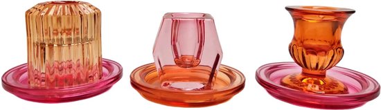 Cactula set van 3 glazen kandelaren voor dinerkaarsen in verschillende vormen en 3 kleuren - oranje roze 7 cm Pio
