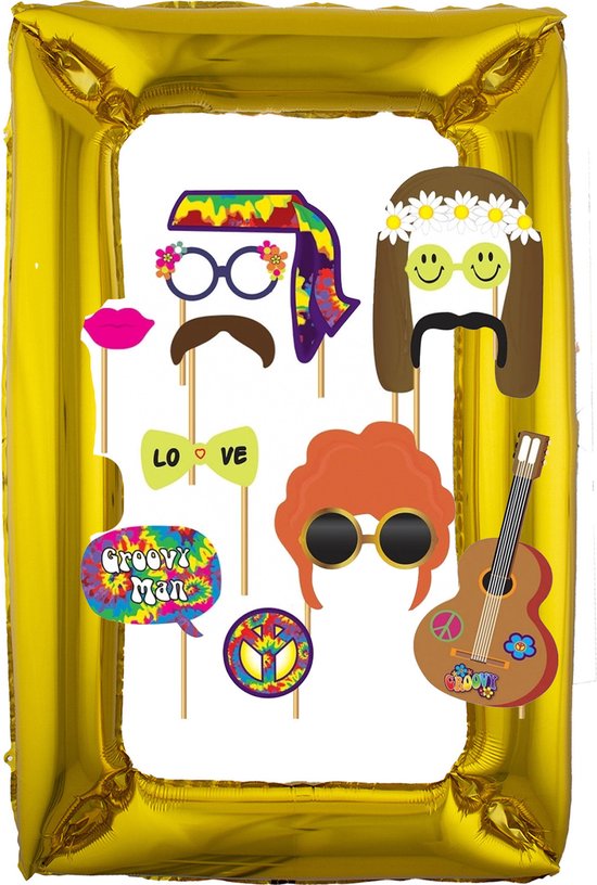 Foto: Foto prop set met frame 75 x 100 cm hippie sixties feest thema 13 delig photo booth