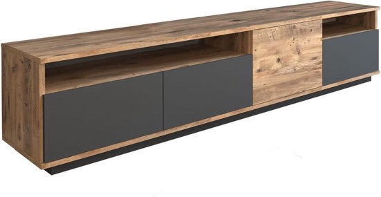 Tv-meubel met 4 deuren en 2 planken - Licht naturel en antraciet - CEDONA L 180 cm x H 44.6 cm x D 44.5 cm