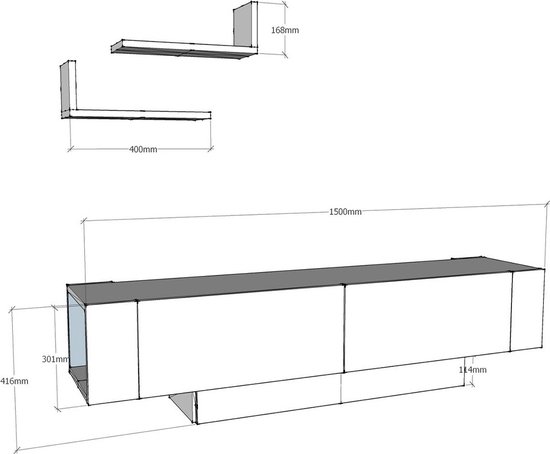 Technische tekening van een witte tv-meubel met afmetingen.