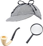 Carnaval verkleed set - detective - vergrootglas/pijp/pet - Sherlock Holmes - feestkleding