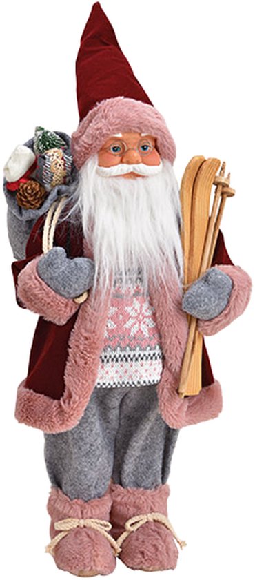 Viv! Christmas Kerstbeeld - Kerstman Pop met Ski's - roze rood grijs - 46cm