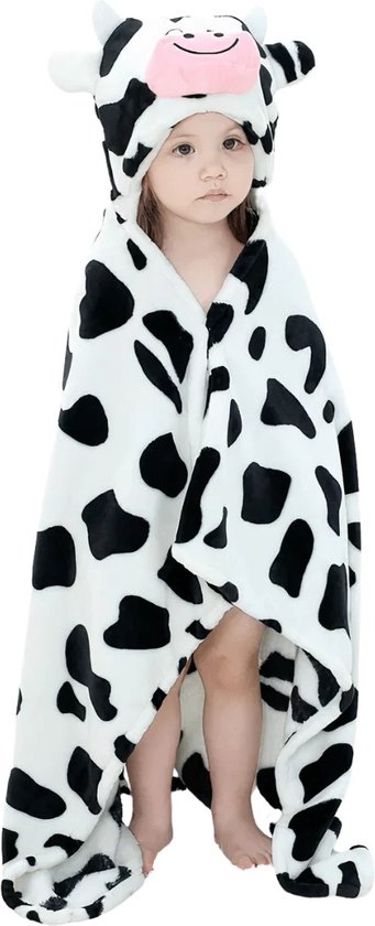 BoefieBoef Baby Kinderdeken Koe – Multifunctionele Flanellen Fleece Badcape, Wikkelcape en Speelkleed – 70x100 cm – Uniek Kraamcadeau en Kerstcadeau Baby en Peuter – Babykleedje met Dierenprint – Carnaval Kostuum of Knuffeldeken – jongens en meisjes