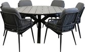 Ensemble de jardin rond 7 pièces | 6 chaises de jardin Isabel (Noir) | Table de jardin Chypre ø150cm (Gris)