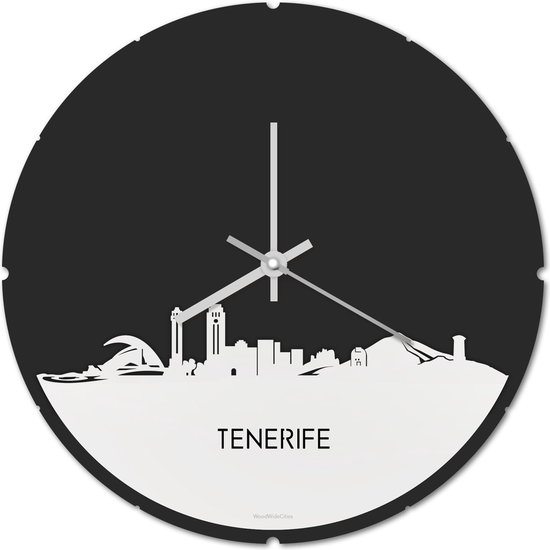 Skyline Klok Rond Tenerife Wit Glanzend - Ø 44 cm - Stil uurwerk - Wanddecoratie - Meer steden beschikbaar - Woonkamer idee - Woondecoratie - City Art - Steden kunst - Cadeau voor hem - Cadeau voor haar - Jubileum - Trouwerij - Housewarming -