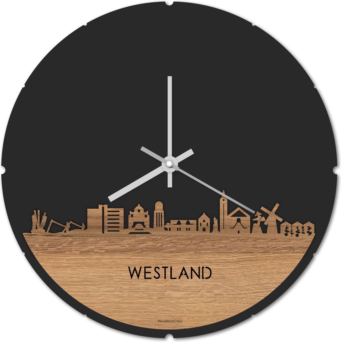 Skyline Klok Rond Westland Eikenhout - Ø 44 cm - Stil uurwerk - Wanddecoratie - Meer steden beschikbaar - Woonkamer idee - Woondecoratie - City Art - Steden kunst - Cadeau voor hem - Cadeau voor haar - Jubileum - Trouwerij - Housewarming -