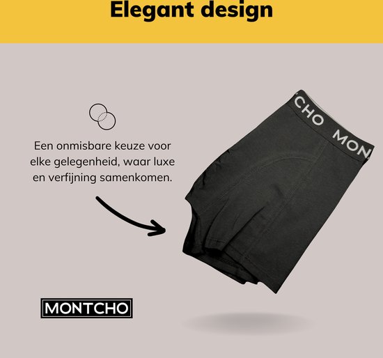 Zwarte boxershort gedrapeerd met de 'MONTCHO' tailleband zichtbaar.