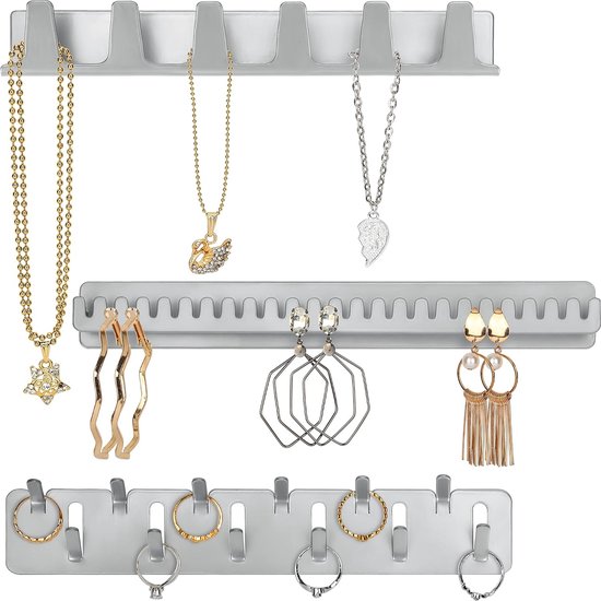 Set van 3 metalen sieradenopbergwand - oorbellenopbergset met 3 zelfklevende haken en pinnen - voor het opbergen van kettingen, ringen, armbanden en oorbellen