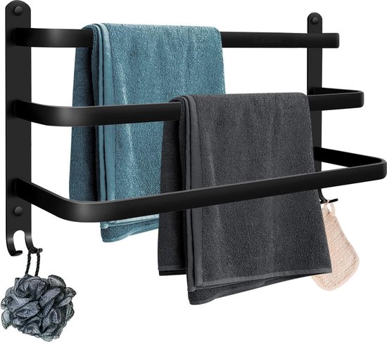 Yiomxhi Handdoekhouder zonder boren, zwart, handdoekstang, badkamerwand, gastenhanddoekhouder, wandmontage, handdoekrek, badhanddoekhouder met plank en 3 haken voor badkamer, gastentoilet