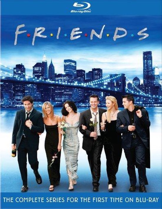 De cast van Friends loopt op de Brooklyn Bridge met op de achtergrond de skyline van New York.