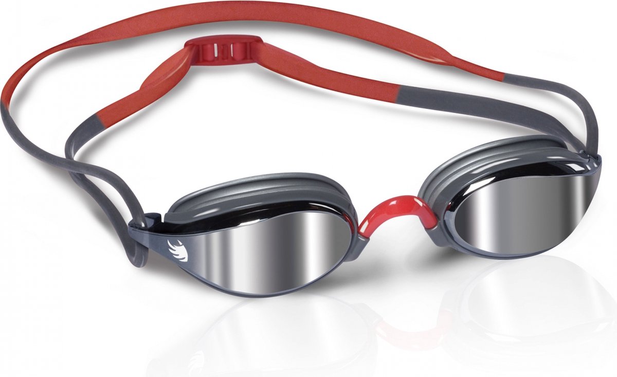BTTLNS zwembril - Getinte lenzen - Shape to face ontwerp - Anti-condens lenzen - Vervangbare neusbrug - Inclusief zakje voor zwembril - Shrykos 1.0 - Zilver/Rood